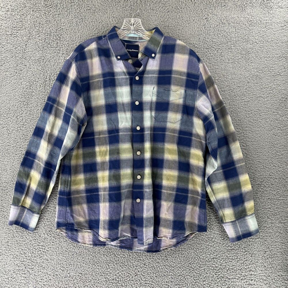 Tommy Bahama Shirt Mens Large Plaid Button Up Long Sleeves Linen Blend